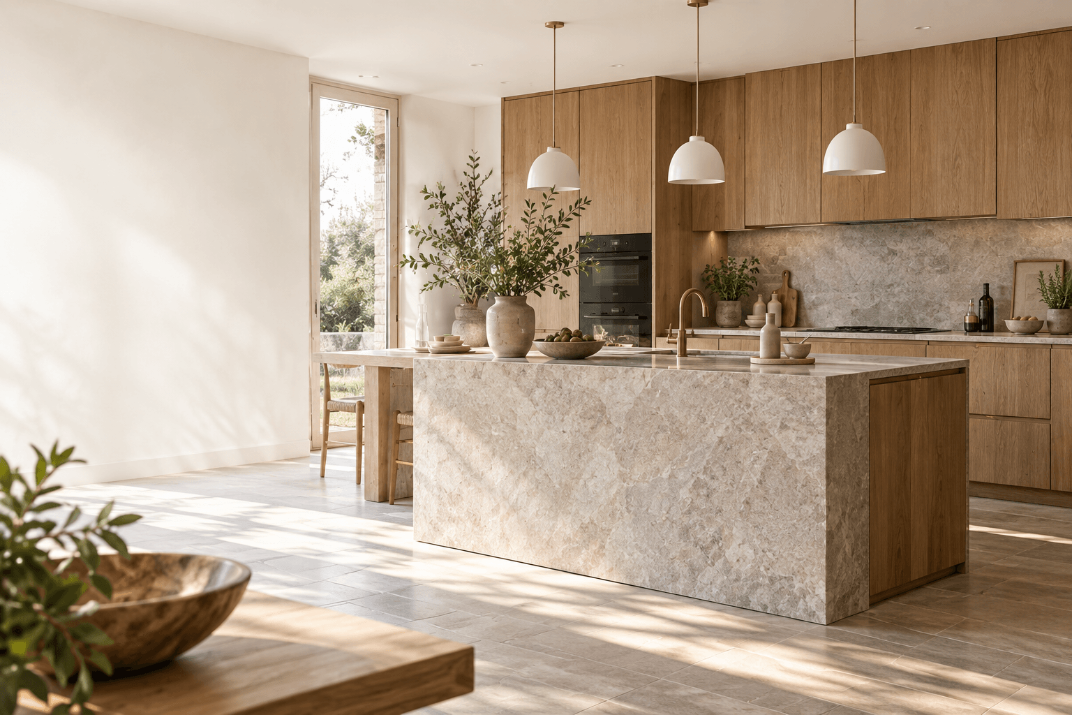 A sunlit kitchen with natural oak cabinetry and a pale stone island